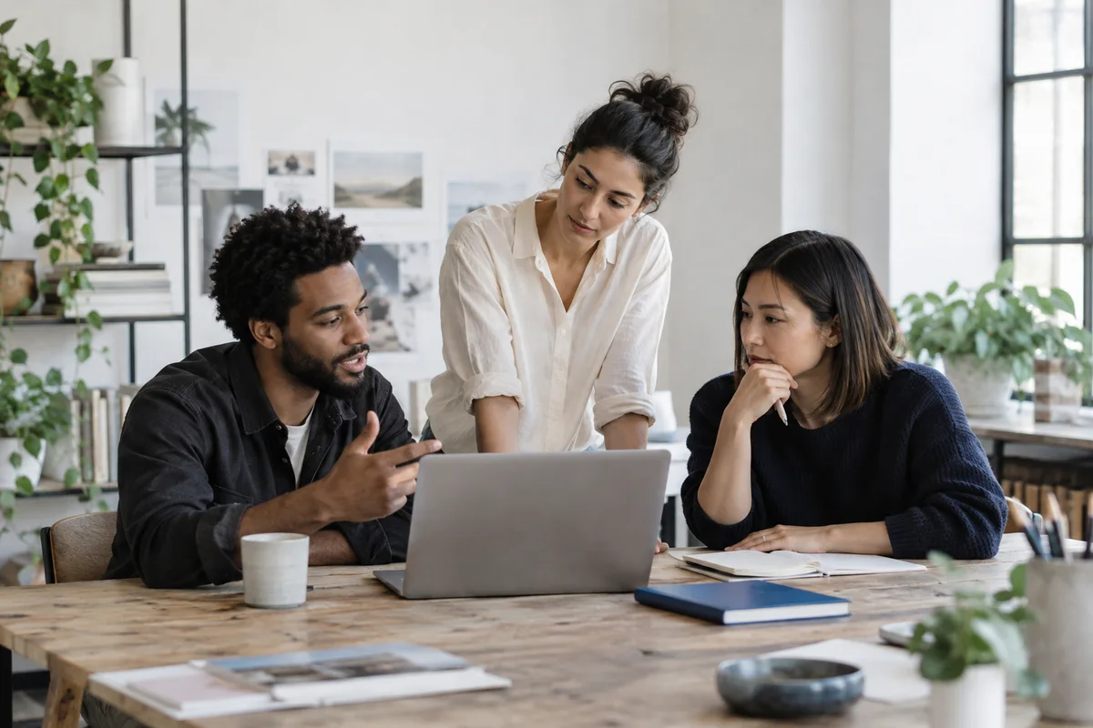 People discussing a project together at a shared table